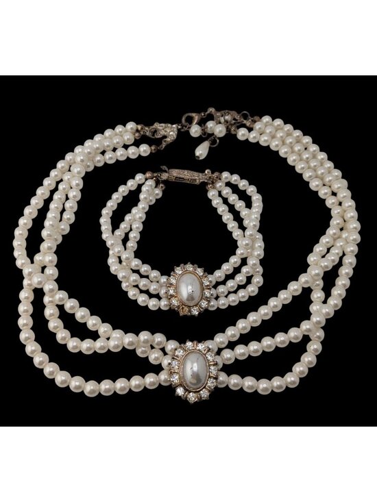 Jewelry - Vintage Faux Pearl Necklace Bracelet Set Rhinestone Victorian Elegance Jewelry